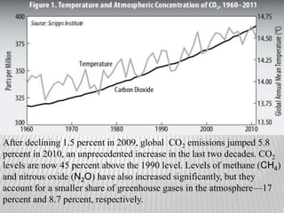 After declining 1.5 percent in 2009, global CO2 emissions jumped 5.8 
percent in 2010, an unprecedented increase in the last two decades. CO2 
levels are now 45 percent above the 1990 level. Levels of methane (CH4) 
and nitrous oxide (N2O) have also increased significantly, but they 
account for a smaller share of greenhouse gases in the atmosphere—17 
percent and 8.7 percent, respectively. 
 