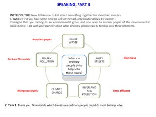What can
ordinary
people do to
help solve
these issues?
What can
ordinary
people do to
help solve
these issues?
SPEAKING, PART 3
INTERLOCUTOR: Now I’d like you to talk about something together for about two minutes.
1.TASK 1: First you have some time to look at the task.(intelocutor allows 15 seconds)
2.Imagine that you belong to an environmental group and you want to inform people of the environmental
issues below. Talk with your partner about what ordinary people can do to help sove these problems.
2. Task 2. Thank you. Now decide which two issues ordinary people could do most to help solve.
Recycled paper
Dog messCarbon Monoxide
Rising sea levels Toxic effluent
 