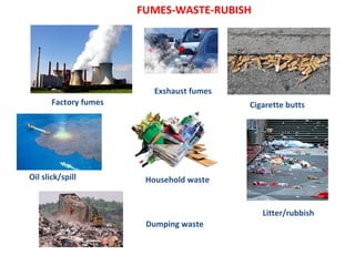 Factory fumes
Exshaust fumes
Cigarette butts
Oil slick/spill
Dumping waste
Litter/rubbish
Household waste
FUMES-WASTE-RUBISH
 
