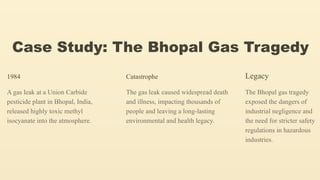 Case Study: The Bhopal Gas Tragedy
1984
A gas leak at a Union Carbide
pesticide plant in Bhopal, India,
released highly toxic methyl
isocyanate into the atmosphere.
Catastrophe
The gas leak caused widespread death
and illness, impacting thousands of
people and leaving a long-lasting
environmental and health legacy.
Legacy
The Bhopal gas tragedy
exposed the dangers of
industrial negligence and
the need for stricter safety
regulations in hazardous
industries.
 