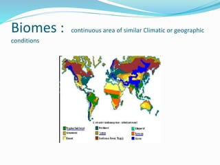 Biomes : continuous area of similar Climatic or geographic
conditions
 