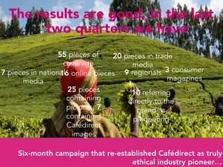 The results are good, In the last
        two quarters we have
                  55 pieces of   20 pieces in trade
                    coverage           media
7 pieces in national online pieces 9 regionals 3 consumer
                   16
      media                                       magazines
                     25 pieces        10 referring
                     containing      directly to the
                     pictures, 7        brand as
                     containing        pioneering
                     Cafédirect
                       images

    Six-month campaign that re-established Cafédirect as truly
                                   ethical industry pioneer…
 