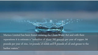 Marisco Limited has been found violating the Clean Water Act and with their
reparations it is estimate a “reduction of about 295 pounds per year of copper, 94
pounds per year of zinc, 14 pounds of solids and 8 pounds of oil and grease to the
harbor waters.”
 