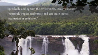 Specifically dealing with the environment, invasive species
“negatively impact biodiversity and can cause species
extirpation or extinction.”
 