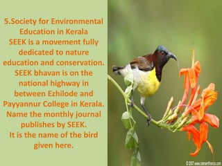 5.Society for Environmental
Education in Kerala
SEEK is a movement fully
dedicated to nature
education and conservation.
SEEK bhavan is on the
national highway in
between Ezhilode and
Payyannur College in Kerala.
Name the monthly journal
publishes by SEEK.
It is the name of the bird
given here.
 
