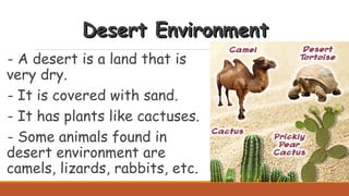 Desert EnvironmentDesert Environment
- A desert is a land that is
very dry.
- It is covered with sand.
- It has plants like cactuses.
- Some animals found in
desert environment are
camels, lizards, rabbits, etc.
 
