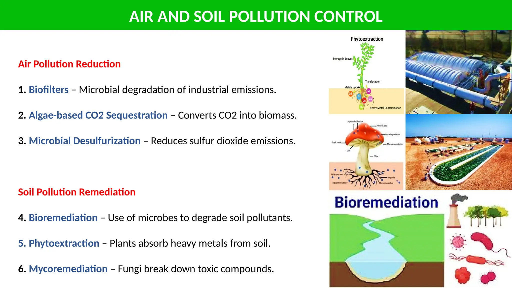 AIR AND SOIL POLLUTION CONTROL
Air Pollution Reduction
1. Biofilters – Microbial degradation of industrial emissions.
2. Algae-based CO2 Sequestration – Converts CO2 into biomass.
3. Microbial Desulfurization – Reduces sulfur dioxide emissions.
Soil Pollution Remediation
4. Bioremediation – Use of microbes to degrade soil pollutants.
5. Phytoextraction – Plants absorb heavy metals from soil.
6. Mycoremediation – Fungi break down toxic compounds.
 