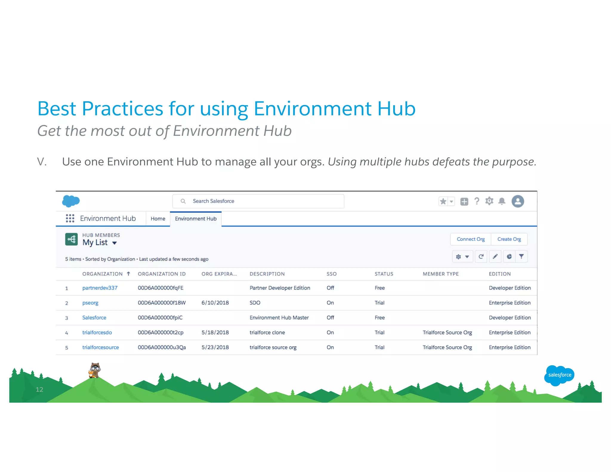 1212
Best Practices for using Environment Hub
Get the most out of Environment Hub
V. Use one Environment Hub to manage all your orgs. Using multiple hubs defeats the purpose.
 