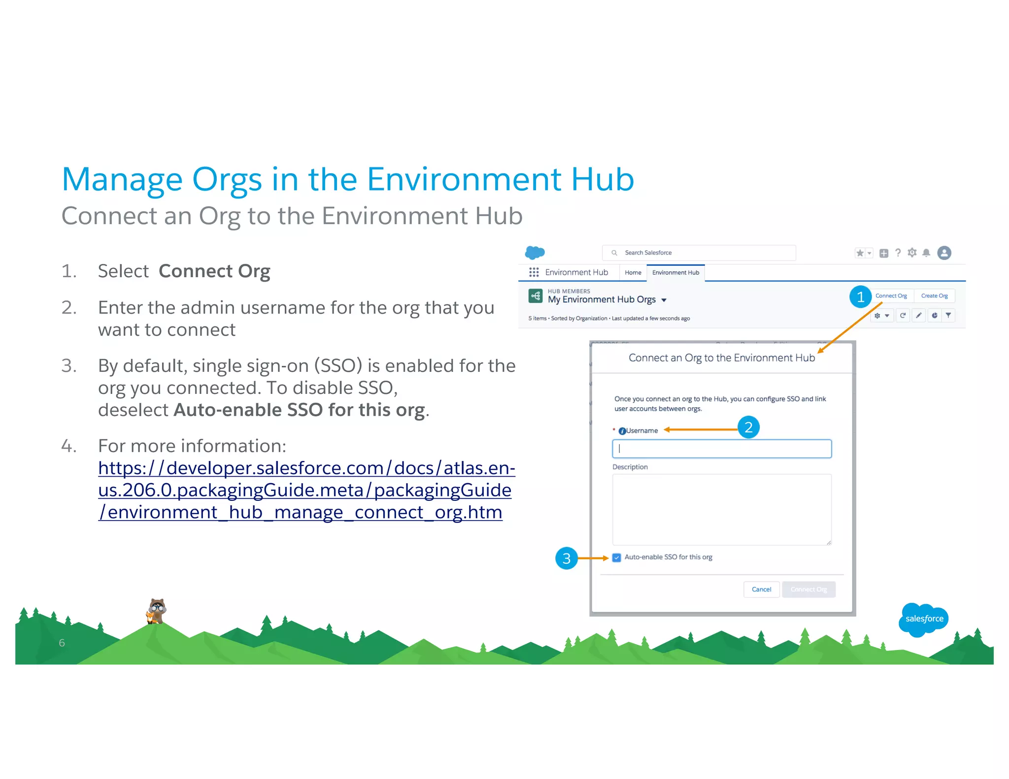 66
Manage Orgs in the Environment Hub
Connect an Org to the Environment Hub
1. Select Connect Org
2. Enter the admin username for the org that you
want to connect
3. By default, single sign-on (SSO) is enabled for the
org you connected. To disable SSO, deselect Auto-
enable SSO for this org.
4. For more information:
https://developer.salesforce.com/docs/atlas.en-
us.206.0.packagingGuide.meta/packagingGuide/e
nvironment_hub_manage_connect_org.htm
1
2
3
 