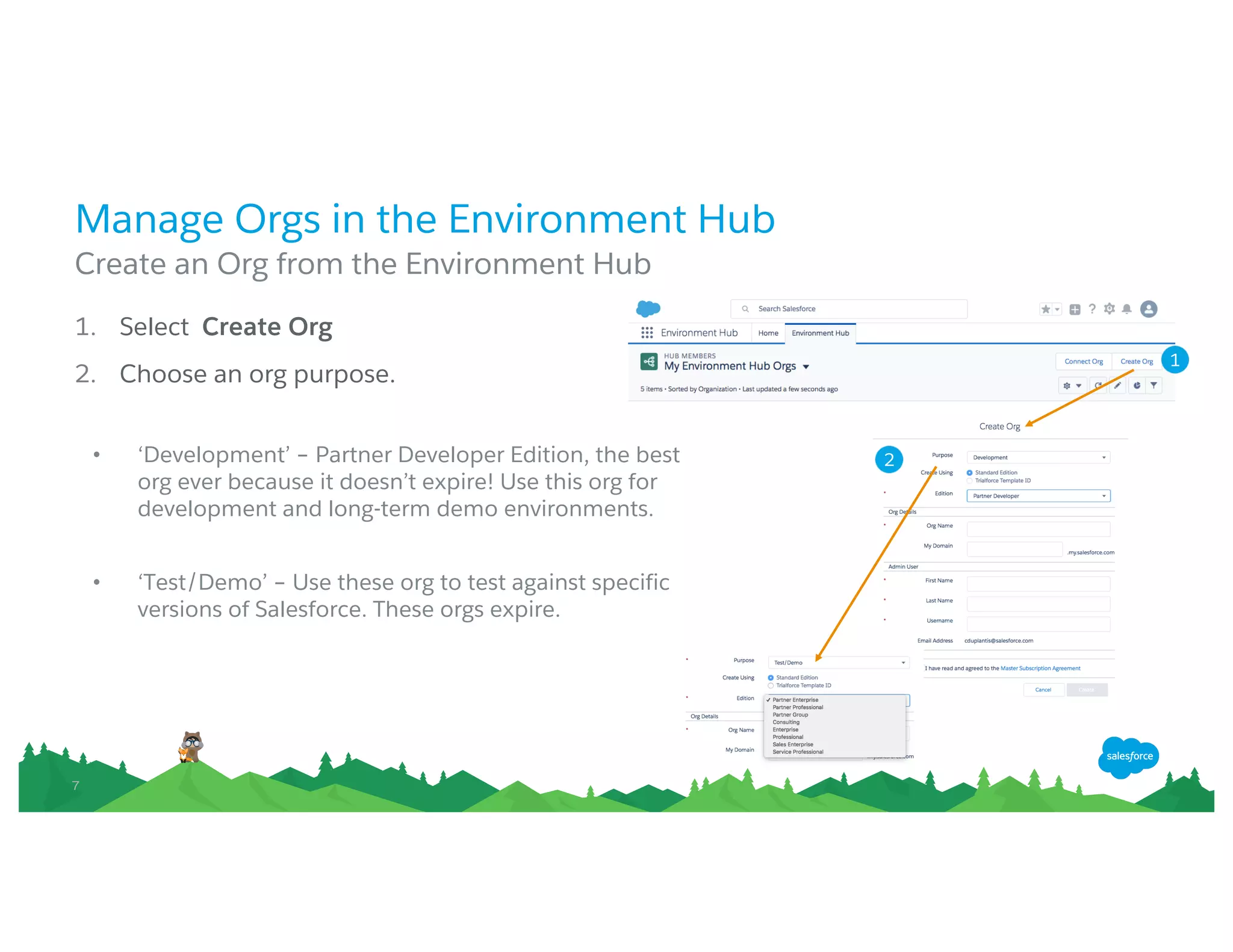 77
Manage Orgs in the Environment Hub
Create an Org from the Environment Hub
1. Select Create Org
2. Choose an org purpose.
• ‘Development’– Partner Developer Edition, the best
org ever because it doesn’t expire! Use this org for
development and long-term demo environments.
• ‘Test/Demo’– Use these org to test against specific
versions of Salesforce. These orgs expire.
1
2
 