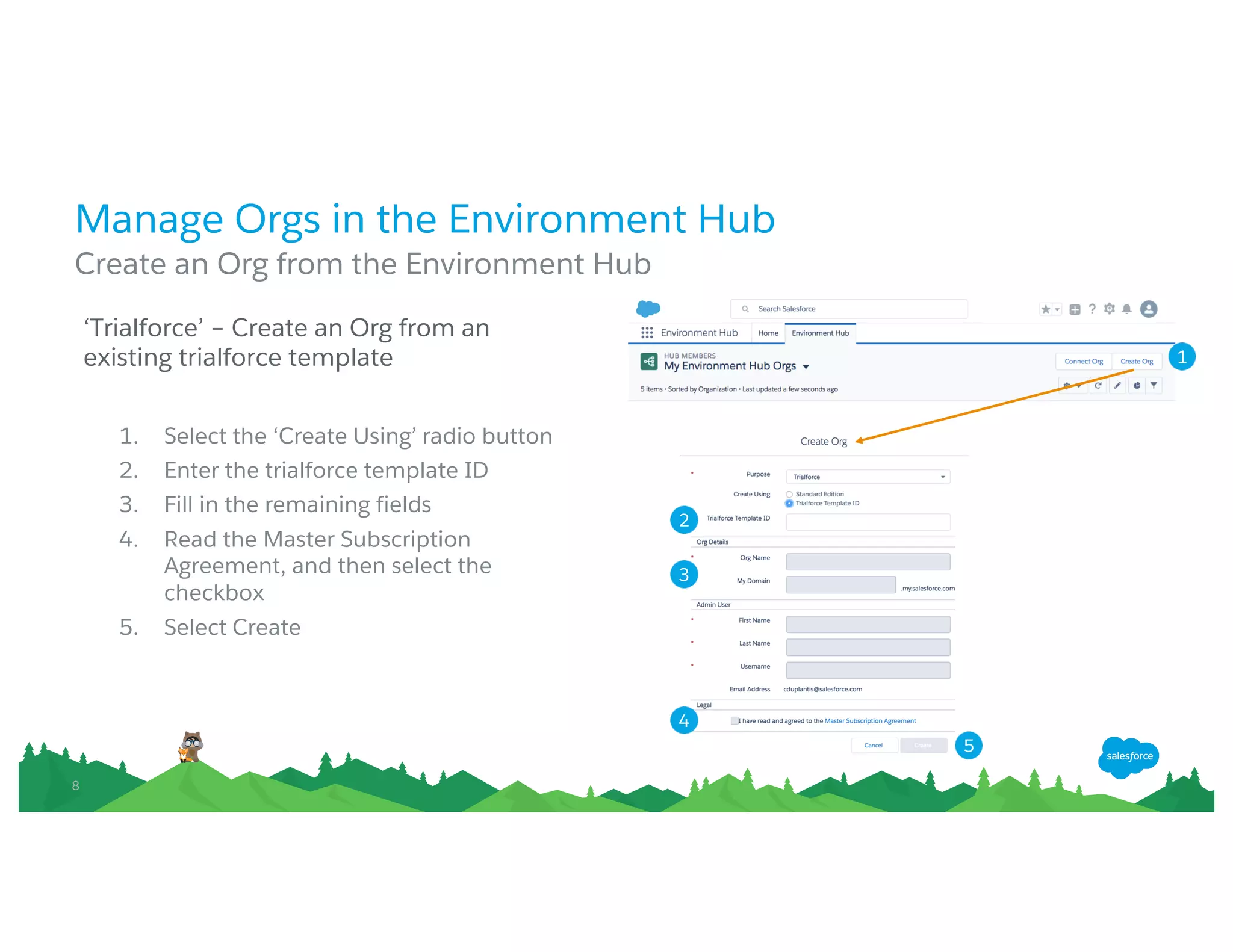 88
Manage Orgs in the Environment Hub
Create an Org from the Environment Hub
‘Trialforce’– Create an Org from an
existing trialforce template
1. Select the‘Create Using’radio button
2. Enter the trialforce template ID
3. Fill in the remaining fields
4. Read the Master Subscription
Agreement, and then select the
checkbox
5. Select Create
1
2
3
4
5
 