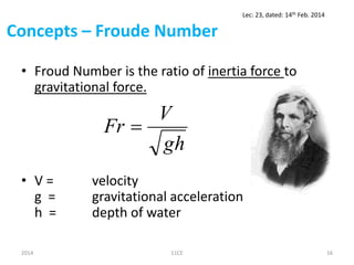 Concepts – Froude Number
• Froud Number is the ratio of inertia force to
gravitational force.
• V = velocity
g = gravitational acceleration
h = depth of water
gh
V
Fr 
2014 11CE 16
Lec: 23, dated: 14th Feb. 2014
 