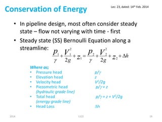 Conservation of Energy
• In pipeline design, most often consider steady
state – flow not varying with time - first
• Steady state (SS) Bernoulli Equation along a
streamline:
h
gg z
Vp
z
Vp  2
2
22
1
2
11
22 
2014 11CE 19
Lec: 23, dated: 14th Feb. 2014
Where as;
• Pressure head p/
• Elevation head z
• Velocity head V2/2g
• Piezometric head p/ + z
(hydraulic grade line)
• Total head p/ + z + V2/2g
(energy grade line)
• Head Loss h
 