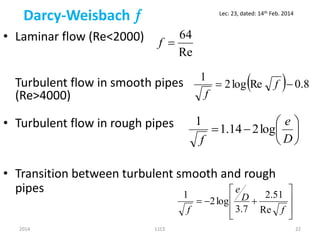 Darcy-Weisbach 
• Laminar flow (Re<2000)
Turbulent flow in smooth pipes
(Re>4000)
  8.0Relog2
1
 f
f
Re
64
f
2014 11CE 22
Lec: 23, dated: 14th Feb. 2014
• Turbulent flow in rough pipes
• Transition between turbulent smooth and rough
pipes







D
e
f
log214.1
1









f
D
e
f Re
51.2
7.3
log2
1
 
