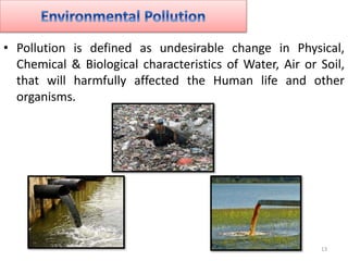 • Pollution is defined as undesirable change in Physical,
Chemical & Biological characteristics of Water, Air or Soil,
tha...