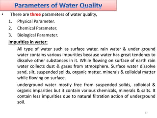 • There are three parameters of water quality,
1. Physical Parameter.
2. Chemical Parameter.
3. Biological Parameter.
Impu...