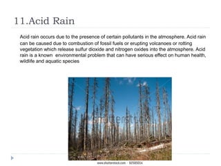 11.Acid Rain
Acid rain occurs due to the presence of certain pollutants in the atmosphere. Acid rain
can be caused due to combustion of fossil fuels or erupting volcanoes or rotting
vegetation which release sulfur dioxide and nitrogen oxides into the atmosphere. Acid
rain is a known environmental problem that can have serious effect on human health,
wildlife and aquatic species
 