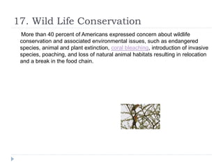 17. Wild Life Conservation
More than 40 percent of Americans expressed concern about wildlife
conservation and associated environmental issues, such as endangered
species, animal and plant extinction, coral bleaching, introduction of invasive
species, poaching, and loss of natural animal habitats resulting in relocation
and a break in the food chain.
 