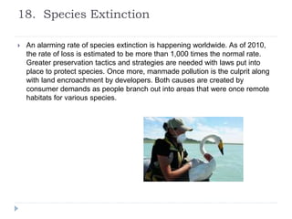 18. Species Extinction
 An alarming rate of species extinction is happening worldwide. As of 2010,
the rate of loss is estimated to be more than 1,000 times the normal rate.
Greater preservation tactics and strategies are needed with laws put into
place to protect species. Once more, manmade pollution is the culprit along
with land encroachment by developers. Both causes are created by
consumer demands as people branch out into areas that were once remote
habitats for various species.
 