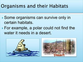  Some organisms can survive only in
certain habitats.
 For example, a polar could not find the
water it needs in a desert.
 