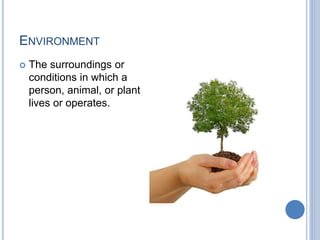 ENVIRONMENT
 The surroundings or
conditions in which a
person, animal, or plant
lives or operates.
 