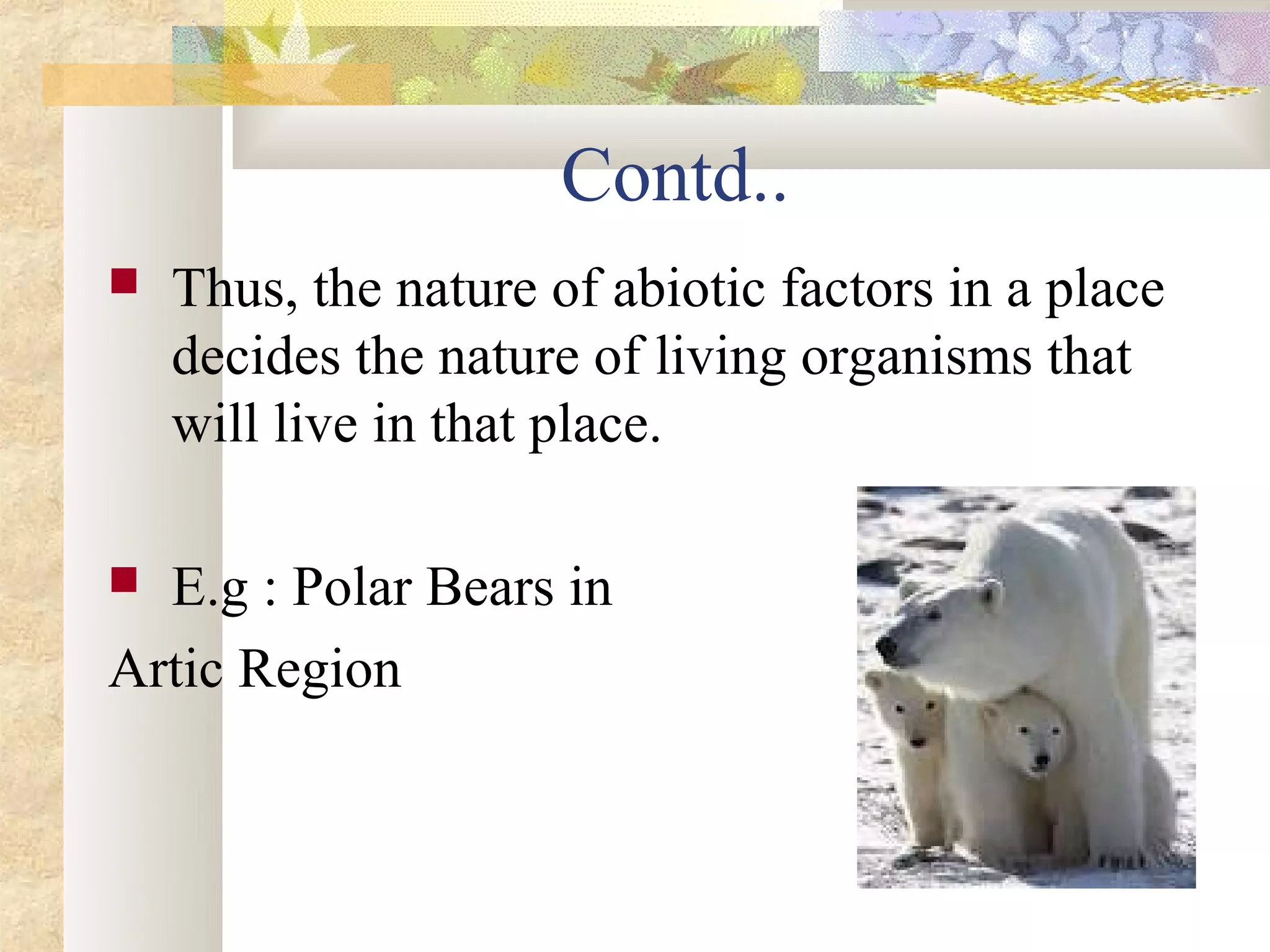 Contd..
   Thus, the nature of abiotic factors in a place
    decides the nature of living organisms that
    will live in that place.

 E.g : Polar Bears in
Artic Region
 