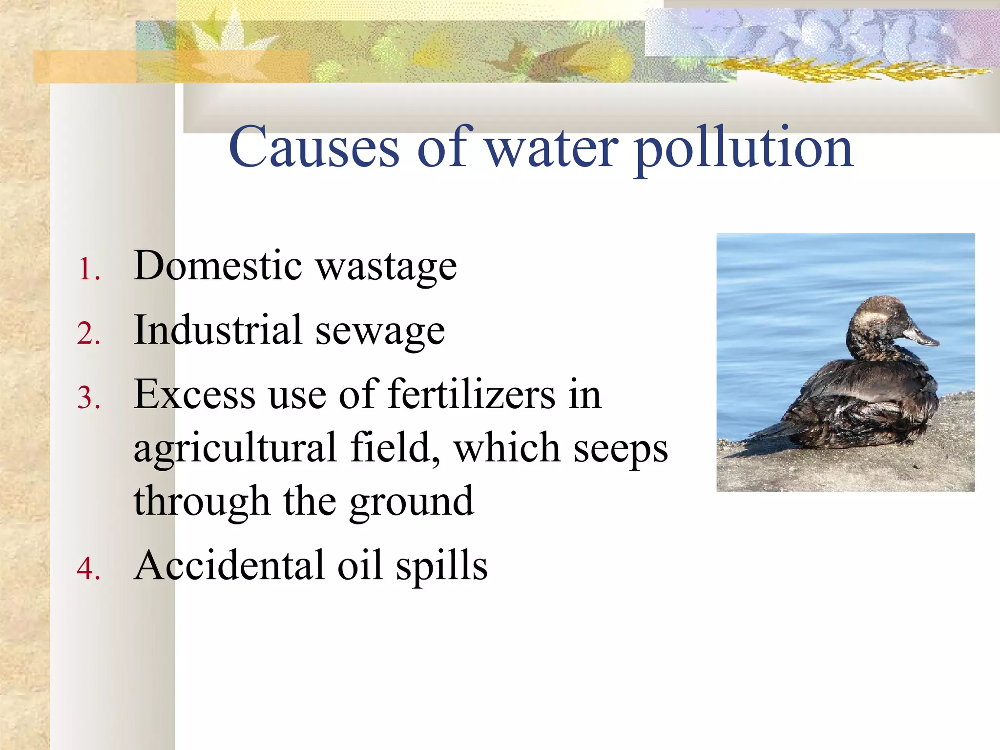 Causes of water pollution
1.   Domestic wastage
2.   Industrial sewage
3.   Excess use of fertilizers in
     agricultural field, which seeps
     through the ground
4.   Accidental oil spills
 