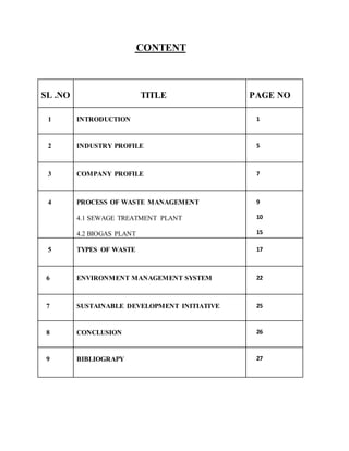 CONTENT
SL .NO TITLE PAGE NO
1 INTRODUCTION 1
2 INDUSTRY PROFILE 5
3 COMPANY PROFILE 7
4 PROCESS OF WASTE MANAGEMENT
4.1 SEWAGE TREATMENT PLANT
4.2 BIOGAS PLANT
9
10
15
5 TYPES OF WASTE 17
6 ENVIRONMENT MANAGEMENT SYSTEM 22
7 SUSTAINABLE DEVELOPMENT INITIATIVE 25
8 CONCLUSION 26
9 BIBLIOGRAPY 27
 