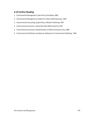 Environment and Management 109
3.12 Further Reading
1. Environmental Management, Uberoi N K, Excel Books, 2000
2. Environmental Management, Pandey G N, Vikas Publishing House, 1997
3. Environmental Accounting, Gupta N Dass, Wheeler Publishing, 1997
4. Environmental Economics, Harley Nick, Mac Millen India Ltd, 1997
5. Environmental Economics, Kolstad Charles D, Oxford University, Press, 2000
6. Environment and Pollution Law Manual, Mohanty S K, Universal Law Publishing, 1996
 