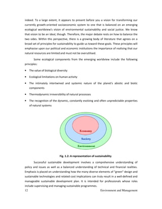 12 Environment and Management
indeed. To a large extent, it appears to present before you a vision for transforming our
currently growth-oriented socioeconomic system to one that is balanced on an emerging
ecological worldview's vision of environmental sustainability and social justice. We know
that vision to be an ideal, though. Therefore, the major debate rests on how to balance the
two sides. Within this perspective, there is a growing body of literature that agrees on a
broad set of principles for sustainability to guide us toward these goals. These principles will
emphasise upon our political and economic institutions the importance of realising that our
natural resources are limited and must not be overutilised.
Some ecological components from the emerging worldview include the following
principles:
• The value of biological diversity
• Ecological limitations on human activity
• The intimately intertwined and systemic nature of the planet's abiotic and biotic
components
• Thermodynamic irreversibility of natural processes
• The recognition of the dynamic, constantly evolving and often unpredictable properties
of natural systems
Fig. 1.2: A representation of sustainability
Successful sustainable development involves a comprehensive understanding of
policy and issues as well as a balanced understanding of technical and financial realities.
Emphasis is placed on understanding how the many diverse elements of "green" design and
sustainable technologies and related cost implications can truly result in a well-defined and
manageable sustainable development plan. It is intended for professionals whose roles
include supervising and managing sustainable programmes.
 