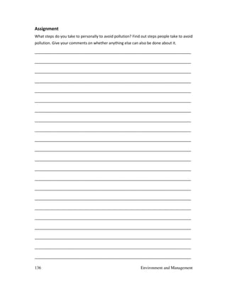 136 Environment and Management
Assignment
What steps do you take to personally to avoid pollution? Find out steps people take to avoid
pollution. Give your comments on whether anything else can also be done about it.
___________________________________________________________________________
___________________________________________________________________________
___________________________________________________________________________
___________________________________________________________________________
___________________________________________________________________________
___________________________________________________________________________
___________________________________________________________________________
___________________________________________________________________________
___________________________________________________________________________
___________________________________________________________________________
___________________________________________________________________________
___________________________________________________________________________
___________________________________________________________________________
___________________________________________________________________________
___________________________________________________________________________
___________________________________________________________________________
___________________________________________________________________________
___________________________________________________________________________
___________________________________________________________________________
___________________________________________________________________________
___________________________________________________________________________
___________________________________________________________________________
 