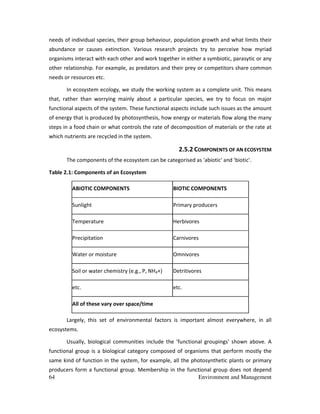 64 Environment and Management
needs of individual species, their group behaviour, population growth and what limits their
abundance or causes extinction. Various research projects try to perceive how myriad
organisms interact with each other and work together in either a symbiotic, parasytic or any
other relationship. For example, as predators and their prey or competitors share common
needs or resources etc.
In ecosystem ecology, we study the working system as a complete unit. This means
that, rather than worrying mainly about a particular species, we try to focus on major
functional aspects of the system. These functional aspects include such issues as the amount
of energy that is produced by photosynthesis, how energy or materials flow along the many
steps in a food chain or what controls the rate of decomposition of materials or the rate at
which nutrients are recycled in the system.
2.5.2 COMPONENTS OF AN ECOSYSTEM
The components of the ecosystem can be categorised as 'abiotic' and 'biotic'.
Table 2.1: Components of an Ecosystem
ABIOTIC COMPONENTS BIOTIC COMPONENTS
Sunlight Primary producers
Temperature Herbivores
Precipitation Carnivores
Water or moisture Omnivores
Soil or water chemistry (e.g., P, NH4+) Detritivores
etc. etc.
All of these vary over space/time
Largely, this set of environmental factors is important almost everywhere, in all
ecosystems.
Usually, biological communities include the 'functional groupings' shown above. A
functional group is a biological category composed of organisms that perform mostly the
same kind of function in the system, for example, all the photosynthetic plants or primary
producers form a functional group. Membership in the functional group does not depend
 