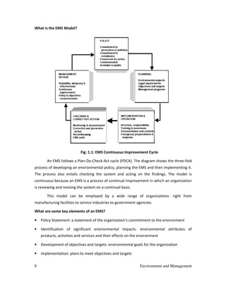 8 Environment and Management
What is the EMS Model?
Fig: 1.1: EMS Continuous Improvement Cycle
An EMS follows a Plan-Do-Check-Act cycle (PDCA). The diagram shows the three-fold
process of developing an environmental policy, planning the EMS and then implementing it.
The process also entails checking the system and acting on the findings. The model is
continuous because an EMS is a process of continual improvement in which an organization
is reviewing and revising the system on a continual basis.
This model can be employed by a wide range of organizations- right from
manufacturing facilities to service industries to government agencies.
What are some key elements of an EMS?
• Policy Statement: a statement of the organization’s commitment to the environment
• Identification of significant environmental impacts: environmental attributes of
products, activities and services and their effects on the environment
• Development of objectives and targets: environmental goals for the organization
• Implementation: plans to meet objectives and targets
 