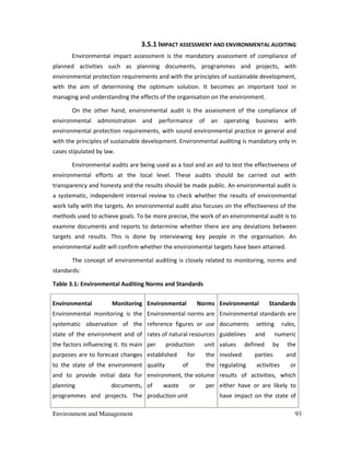 Environment and Management 93
3.5.1 IMPACT ASSESSMENT AND ENVIRONMENTAL AUDITING
Environmental impact assessment is the mandatory assessment of compliance of
planned activities such as planning documents, programmes and projects, with
environmental protection requirements and with the principles of sustainable development,
with the aim of determining the optimum solution. It becomes an important tool in
managing and understanding the effects of the organisation on the environment.
On the other hand, environmental audit is the assessment of the compliance of
environmental administration and performance of an operating business with
environmental protection requirements, with sound environmental practice in general and
with the principles of sustainable development. Environmental auditing is mandatory only in
cases stipulated by law.
Environmental audits are being used as a tool and an aid to test the effectiveness of
environmental efforts at the local level. These audits should be carried out with
transparency and honesty and the results should be made public. An environmental audit is
a systematic, independent internal review to check whether the results of environmental
work tally with the targets. An environmental audit also focuses on the effectiveness of the
methods used to achieve goals. To be more precise, the work of an environmental audit is to
examine documents and reports to determine whether there are any deviations between
targets and results. This is done by interviewing key people in the organisation. An
environmental audit will confirm whether the environmental targets have been attained.
The concept of environmental auditing is closely related to monitoring, norms and
standards:
Table 3.1: Environmental Auditing Norms and Standards
Environmental Monitoring
Environmental monitoring is the
systematic observation of the
state of the environment and of
the factors influencing it. Its main
purposes are to forecast changes
to the state of the environment
and to provide initial data for
planning documents,
programmes and projects. The
Environmental Norms
Environmental norms are
reference figures or use
rates of natural resources
per production unit
established for the
quality of the
environment, the volume
of waste or per
production unit
Environmental Standards
Environmental standards are
documents setting rules,
guidelines and numeric
values defined by the
involved parties and
regulating activities or
results of activities, which
either have or are likely to
have impact on the state of
 