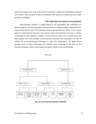 Environment and Management 97
value of air quality since most of the costs of reduced air quality are externalised or passed
on to others. Thus, we have to take the thinking of the society as a whole and try to make
decisions accordingly.
3.6.1 METHODS FOR VALUING THE ENVIRONMENT
Environmental valuation is largely based on the assumption that individuals are
willing to pay for environmental gains and conversely are willing to accept compensation for
some environmental losses. The individual demonstrates preferences, which, in turn, places
value on environmental resources. That society values environmental resources is certain;
monetising the value placed on changes in environmental assets such as coastal areas and
water quality is far more complex. Environmental economists have developed a number of
market and non-market-based techniques to value the environment. The figure below
presents some of these techniques and classifies them according to the basis of the
monetary valuation, either market-based, surrogate market or non-market-based.
Fig. 3.2: Environmental Valuation Methods
 