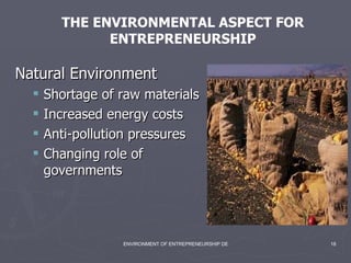 Natural Environment Shortage of raw materials Increased energy costs Anti-pollution pressures Changing role of governments THE ENVIRONMENTAL ASPECT FOR ENTREPRENEURSHIP 