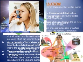 EFFECTS OF POLLUTION
1.     Air Pollution- Air pollution has serious effects on environment as well as human
       health. They are:
i.     Acid rain is precipitation containing harmful Greenhouse Effectsulfuric
                                                        amounts of nitric and
       acids. These acids are formed primarily by nitrogen oxides and sulfur oxides
                                                      Acid Rain
       released into the atmosphere when fossil fuels are burned.
ii.    Haze is caused when sunlight encounters tiny pollution particles in the air. Haze
                                                Asthma can be caused
       obscures the clarity, color, texture, and form of what we see.
iii.   Effects on wildlife. Toxic pollutants in the air, or deposited on soils or surface
       waters, can impact wildlife in a number of ways. Like humans, animals can
       experience health problems if they are exposed to sufficient concentrations of
       air toxics over time. Respiratory problems, reduced lung functioning are certain
       problems which can occur in the people.
iv.    Ozone depletion- This is a layer present in the atmosphere which protects us
                                          HAZE
       from the harmful ultraviolet rays of the sun which can cause skin cancer. But
       due to the air pollutants this layer is getting depleted.
                    Global Warming
v.     These gases also cause the Green house effect and Global warming.
          Heath effects of air
vi.    The air pollutants also cause diseases in humans like lung cancer, asthma,
          Pollution
       Irritation of eyes, nose, mouth and throat, Disruption of endocrine,
       reproductive and immune systems and other respiratory ailments.
 