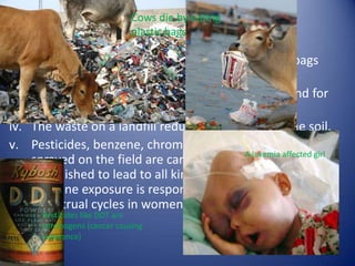 3. Soil Pollution- Its effects are:-
                         Cows die by eating
i. The waste from landfill leaches and causes
                         plastic bags
     contaminates the groundwater.
ii. Certain animals like cows eat waste like plastic bags
     and die.
iii. It emits foul odour and becomes breeding ground for
     mosquitoes.
iv. The waste on a landfill reduces the fertility of the soil.
v. Pesticides, benzene, chromium and weed killers
                                             A lukemia affected girl
     sprayed on the field are carcinogens which have been
     established to lead to all kinds of cancer. Long-term
     benzene exposure is responsible for irregular
     menstrual cycles in women, leukemia and anemia.
       Pesticides like DDT are
       carcinogens (cancer causing
       substance)
 
