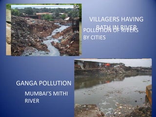 VILLAGERS HAVING
                   POLLUTION IN RIVER
                       BATH OF RIVERS
                   BY CITIES




GANGA POLLUTION
  MUMBAI’S MITHI
  RIVER
 