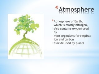 *
*Atmosphere of Earth,
which is mostly nitrogen,
also contains oxygen used
by
most organisms for respirat
ion and carbon
dioxide used by plants
 