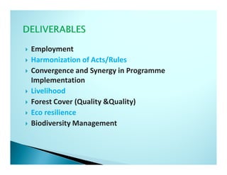 Employment
Harmonization of Acts/Rules
Convergence and Synergy in Programme
Implementation
Livelihood
Forest Cover (Quality &Quality)
Eco resilience
Biodiversity Management
 
