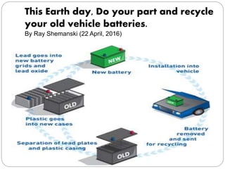 This Earth day, Do your part and recycle
your old vehicle batteries.
By Ray Shemanski (22 April, 2016)
 