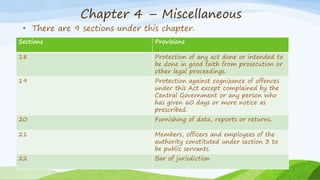 Chapter 4 – Miscellaneous
• There are 9 sections under this chapter.
Sections Provisions
18 Protection of any act done or intended to
be done in good faith from prosecution or
other legal proceedings.
19 Protection against cognizance of offences
under this Act except complained by the
Central Government or any person who
has given 60 days or more notice as
prescribed.
20 Furnishing of data, reports or returns.
21 Members, officers and employees of the
authority constituted under section 3 to
be public servants.
22 Bar of jurisdiction
 