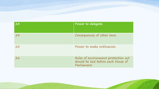 23 Power to delegate.
24 Consequences of other laws.
25 Power to make ordinances.
26 Rules of environment protection act
should be laid before each House of
Parliament.
 