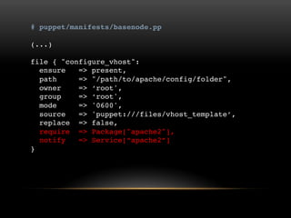 # puppet/manifests/basenode.pp
(...)

file { "configure_vhost":
ensure => present,
path => "/path/to/apache/config/folder",
owner => „root',
group => „root',
mode => '0600',
source => 'puppet:///files/vhost_template‟,
replace => false,
require => Package["apache2"],
notify => Service[“apache2”]
}

 