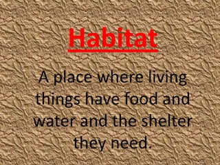 Habitat
 A place where living
things have food and
water and the shelter
      they need.
 