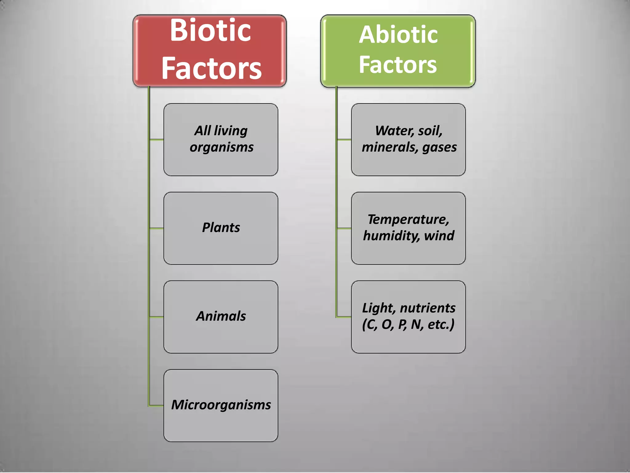 Biotic
Factors
Abiotic
Factors
All living
organisms
Water, soil,
minerals, gases
Temperature,
humidity, wind
Plants
Light, nutrients
(C, O, P, N, etc.)
Animals
Microorganisms
 