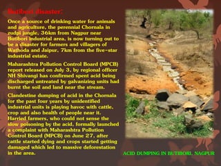Butibori disaster:
Once a source of drinking water for animals
and agriculture, the perennial Chornala in
zudpi jungle, 36km from Nagpur near
Butibori industrial area, is now turning out to
be a disaster for farmers and villagers of
Wathoda and Jaipur, 7km from the five-star
industrial estate.
Maharashtra Pollution Control Board (MPCB)
report released on July 3, by regional officer
NH Shivangi has confirmed spent acid being
discharged untreated by galvanizing units had
burnt the soil and land near the stream.
Clandestine dumping of acid in the Chornala
for the past four years by unidentified
industrial units is playing havoc with cattle,
crop and also health of people near it.
Harried farmers, who could not sense the
slow poisoning by the acid, formally launched
a complaint with Maharashtra Pollution
Control Board (MPCB) on June 27, after
cattle started dying and crops started getting
damaged which led to massive deforestation
in the area. ACID DUMPING IN BUTIBORI, NAGPUR
 