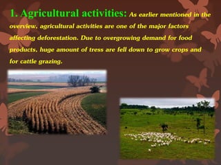 1. Agricultural activities: As earlier mentioned in the
overview, agricultural activities are one of the major factors
affecting deforestation. Due to overgrowing demand for food
products, huge amount of tress are fell down to grow crops and
for cattle grazing.
 