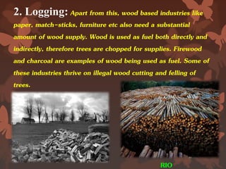 2. Logging: Apart from this, wood based industries like
paper, match-sticks, furniture etc also need a substantial
amount of wood supply. Wood is used as fuel both directly and
indirectly, therefore trees are chopped for supplies. Firewood
and charcoal are examples of wood being used as fuel. Some of
these industries thrive on illegal wood cutting and felling of
trees.
RIO
 